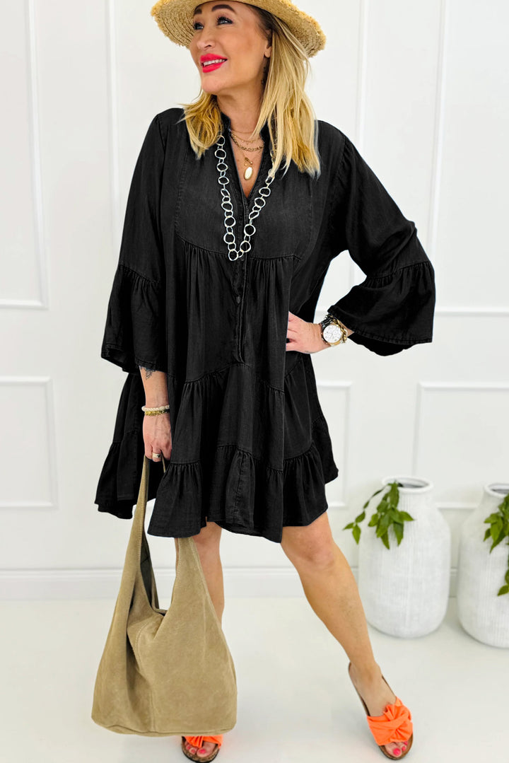 Black Chambray Ruffled 3/4 Sleeve Tiered Split V Neck Mini Dress