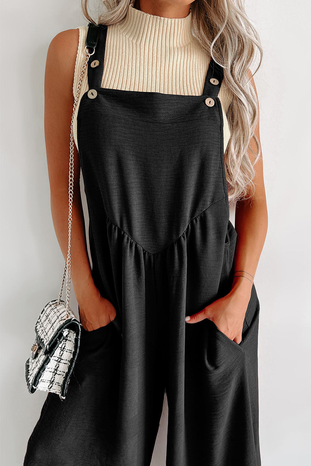 Black Textured Buttoned Straps Ruched Wide Leg Jumpsuit