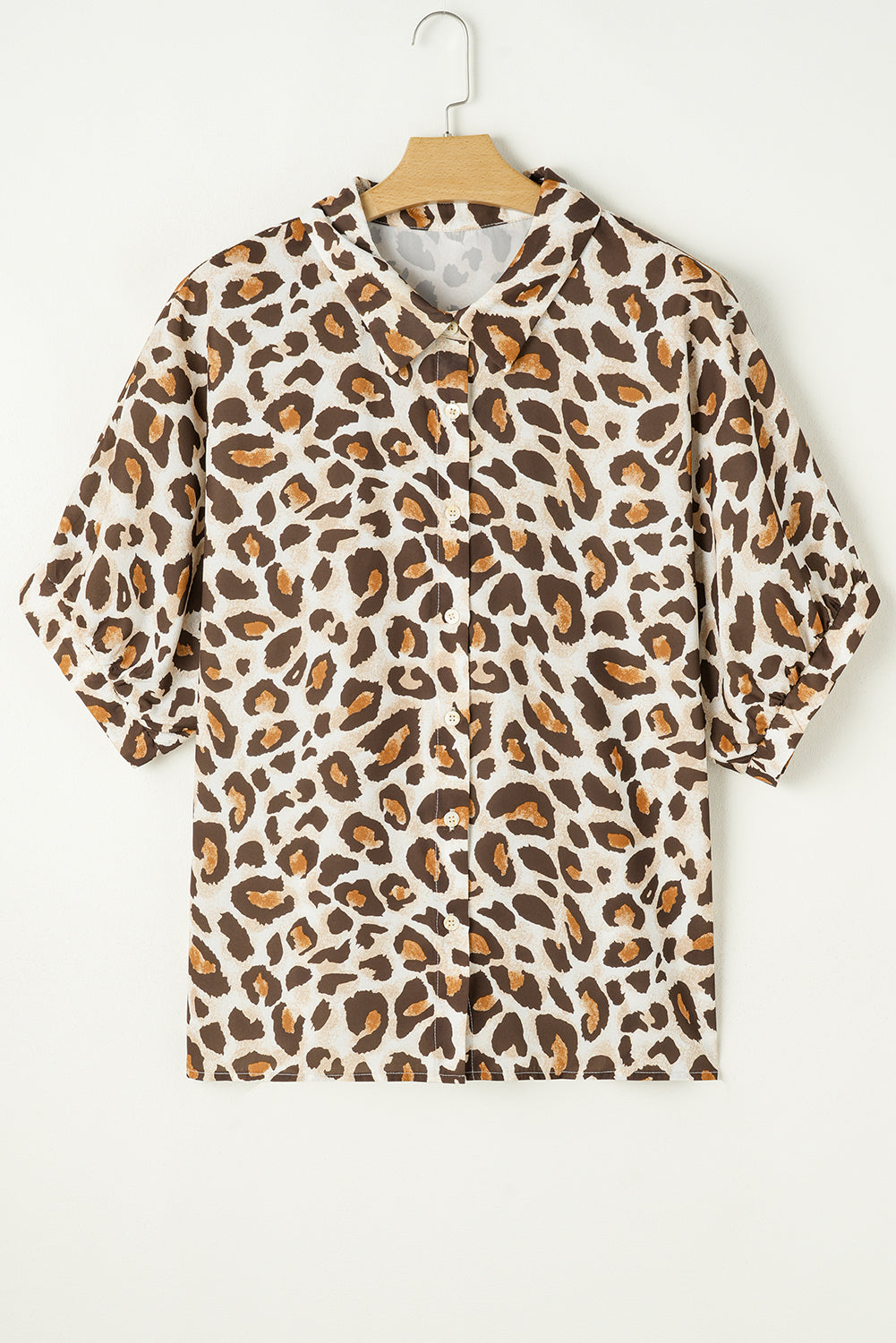 Khaki Plus Size Leopard Print Short Sleeve Buttoned Shirt