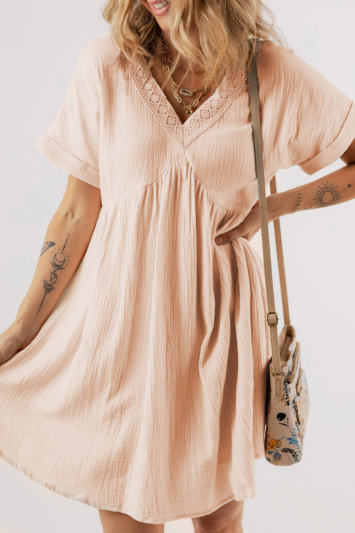 Beige Folded Short Sleeve Lace V Neck Mini Dress