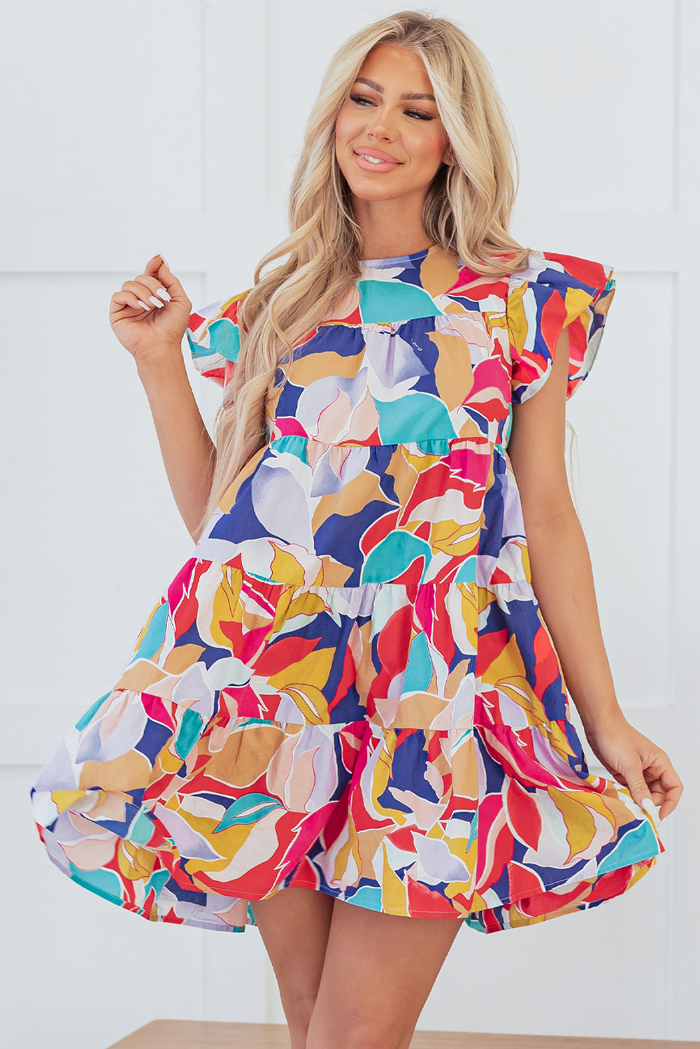 Pink Abstract Printed Ruffled Flutter Sleeve Tiered Mini Dress