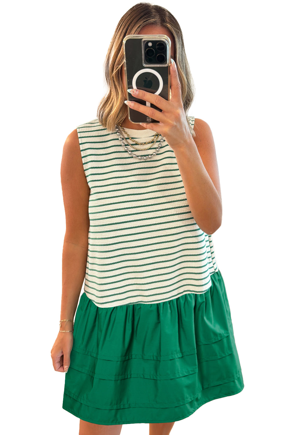 Green Stripe Woven Ruffled Sleeveless Mini Dress