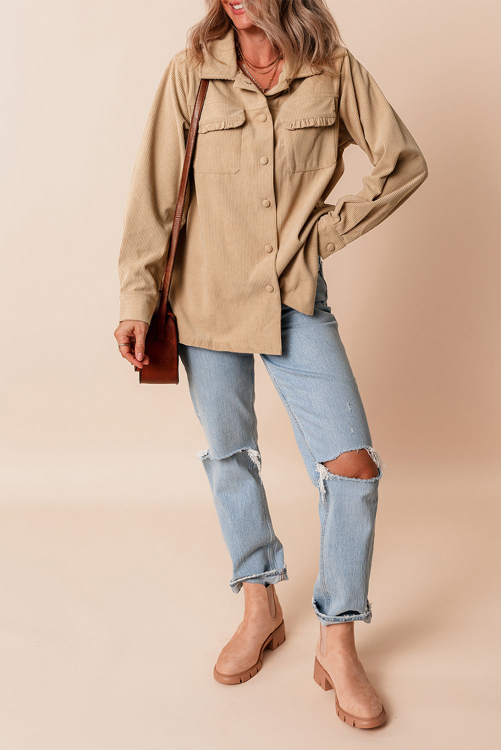 Light French Beige Solid Frilled Flap Pocket Button Up Corduroy Shacket