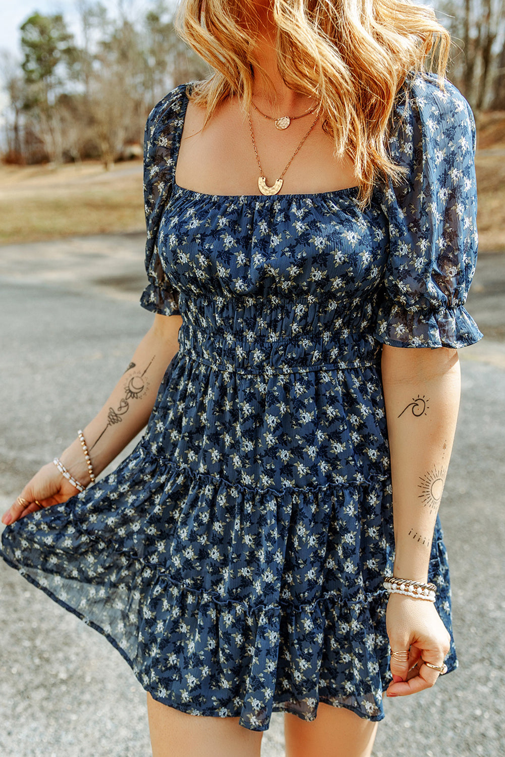 Sail Blue Floral Smocked Tiered Ruffle Short Dress