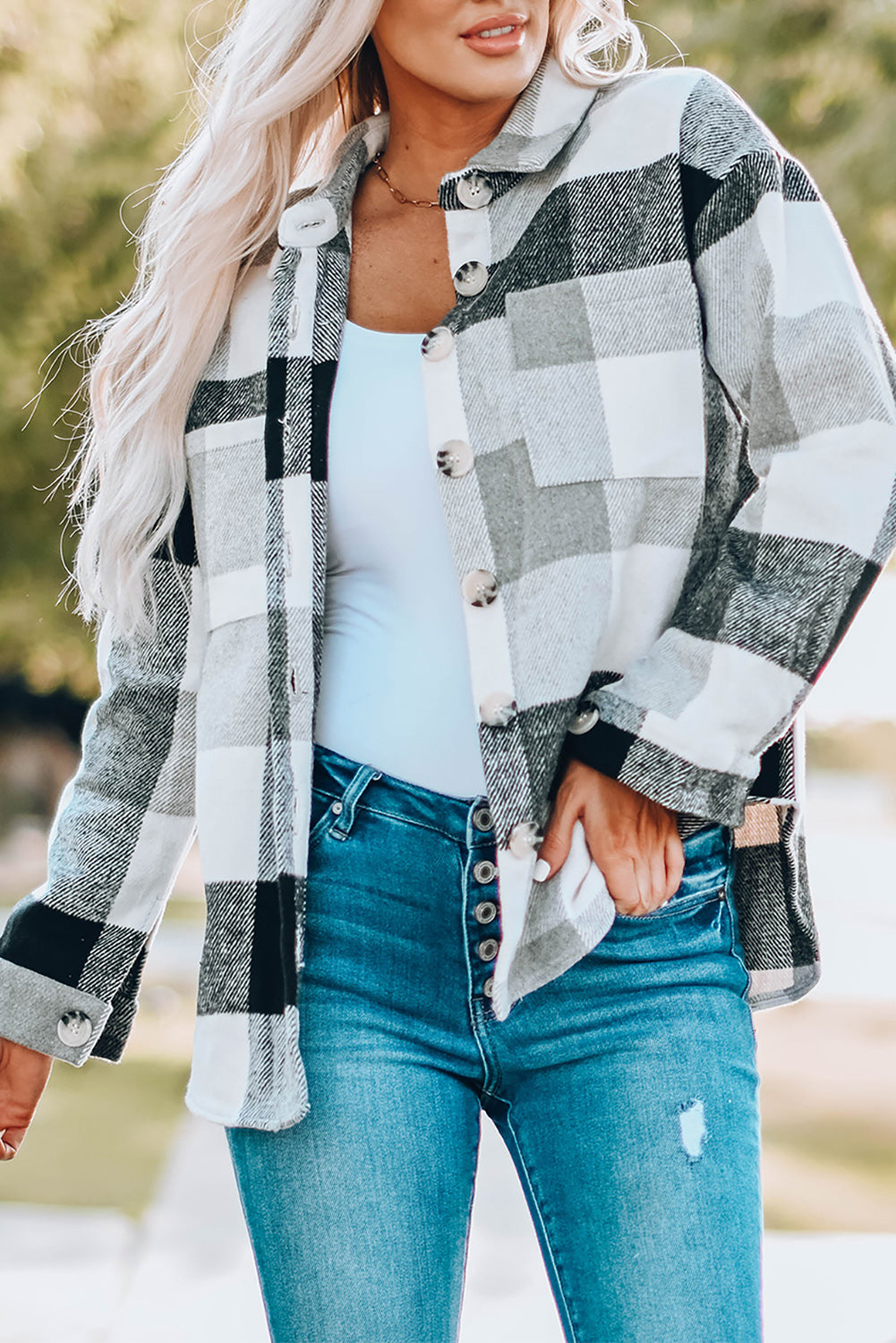 Gray Plaid Color Block Buttoned Long Sleeve Jacket with Pocket