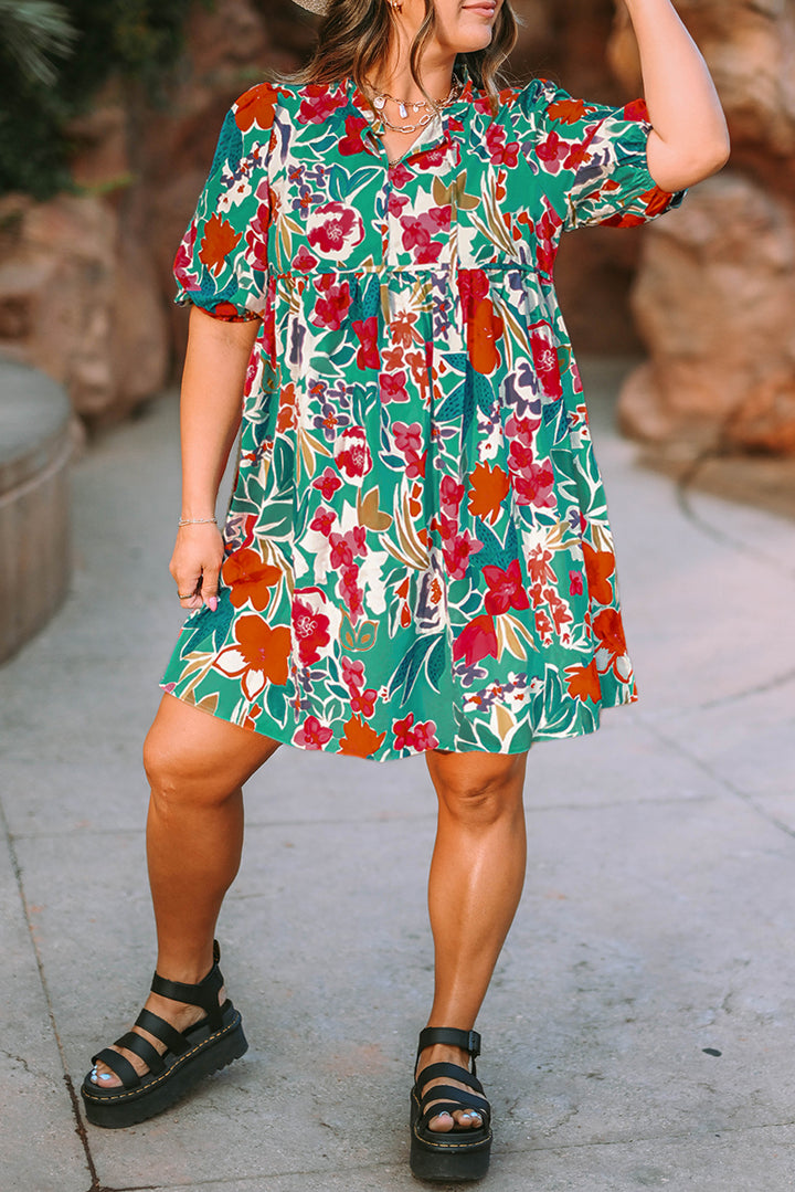 Sky Blue Plus Size Floral Print Puff Sleeve Tie Neck Babydoll Dress