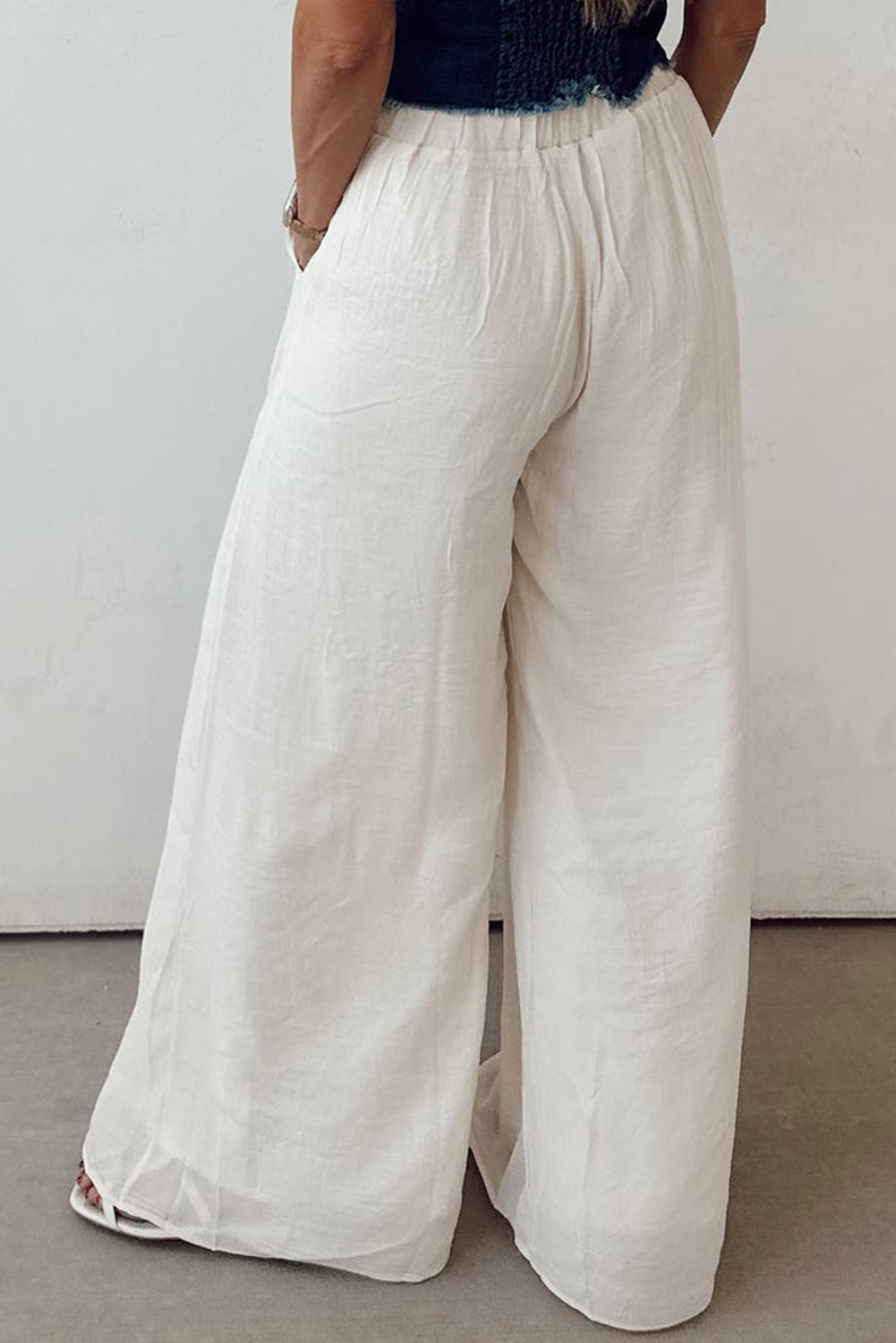 White Casual Tie Waist Pleated Wide Leg Pants