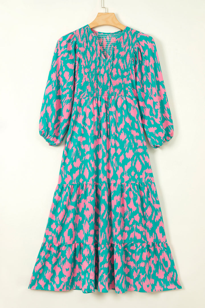 Green Abstract Print Puff Sleeve Tied Notched Neck Long Dress