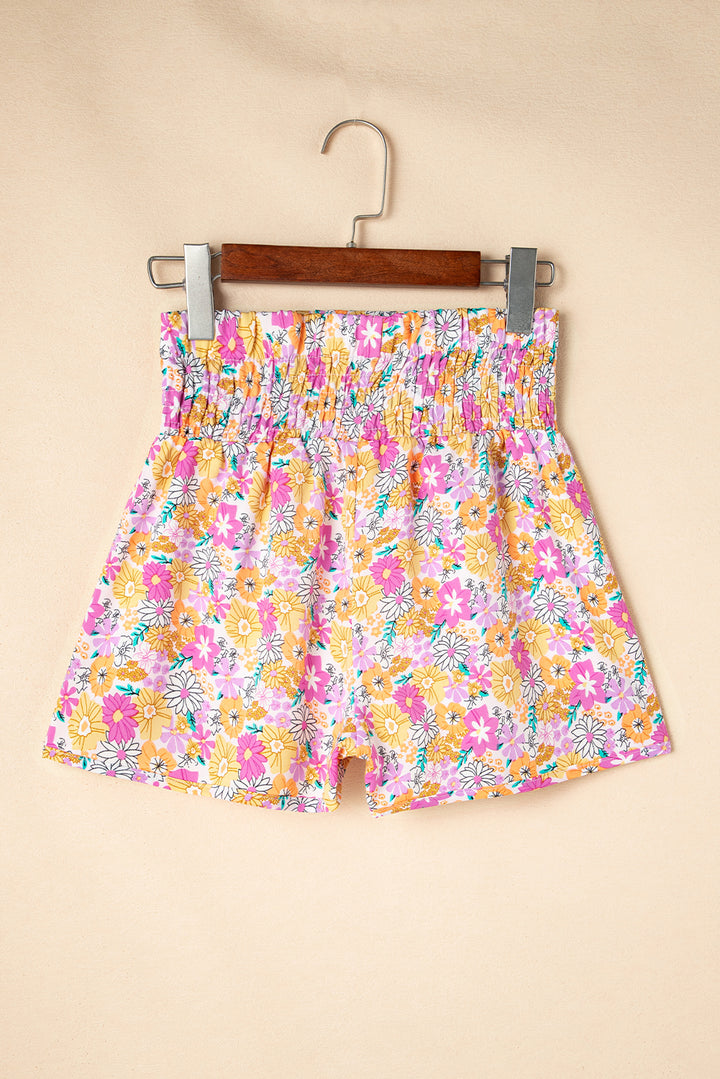 Pink Boho Floral Shirred High Waist Casual Shorts