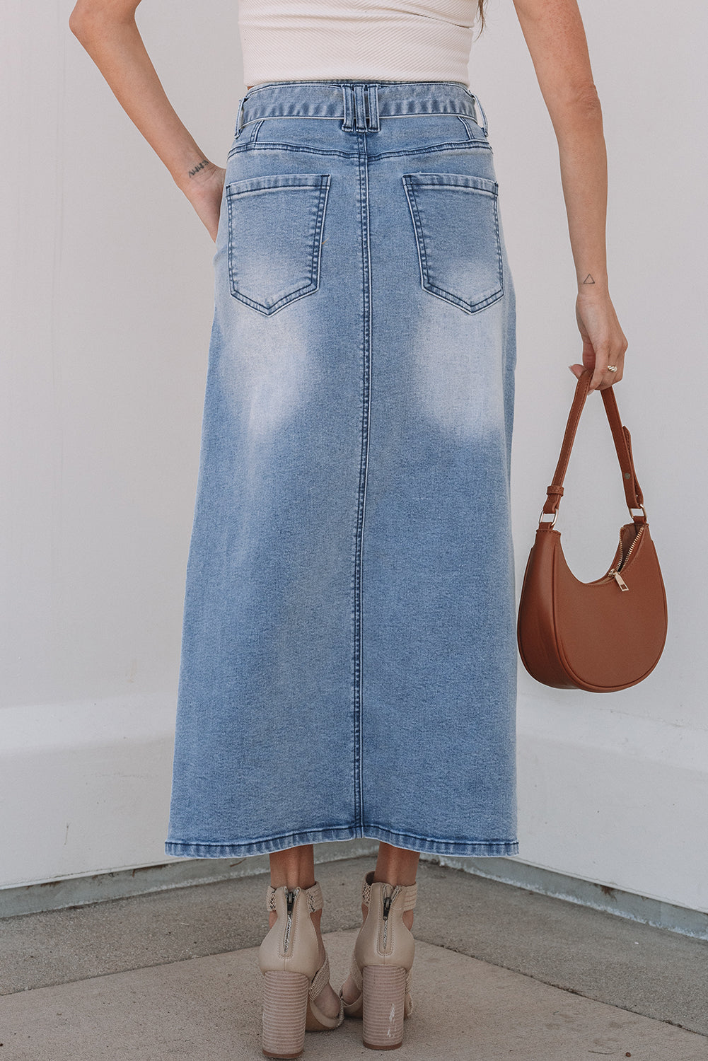 Dusk Blue Light Wash Belted High Waist Midi Denim Skirt