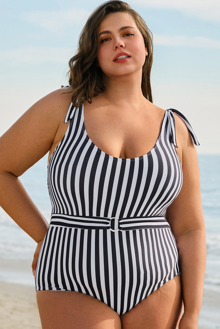 Black Stripe Plus Size Self Tie Straps O-Ring Waistband One Piece Swimsuit