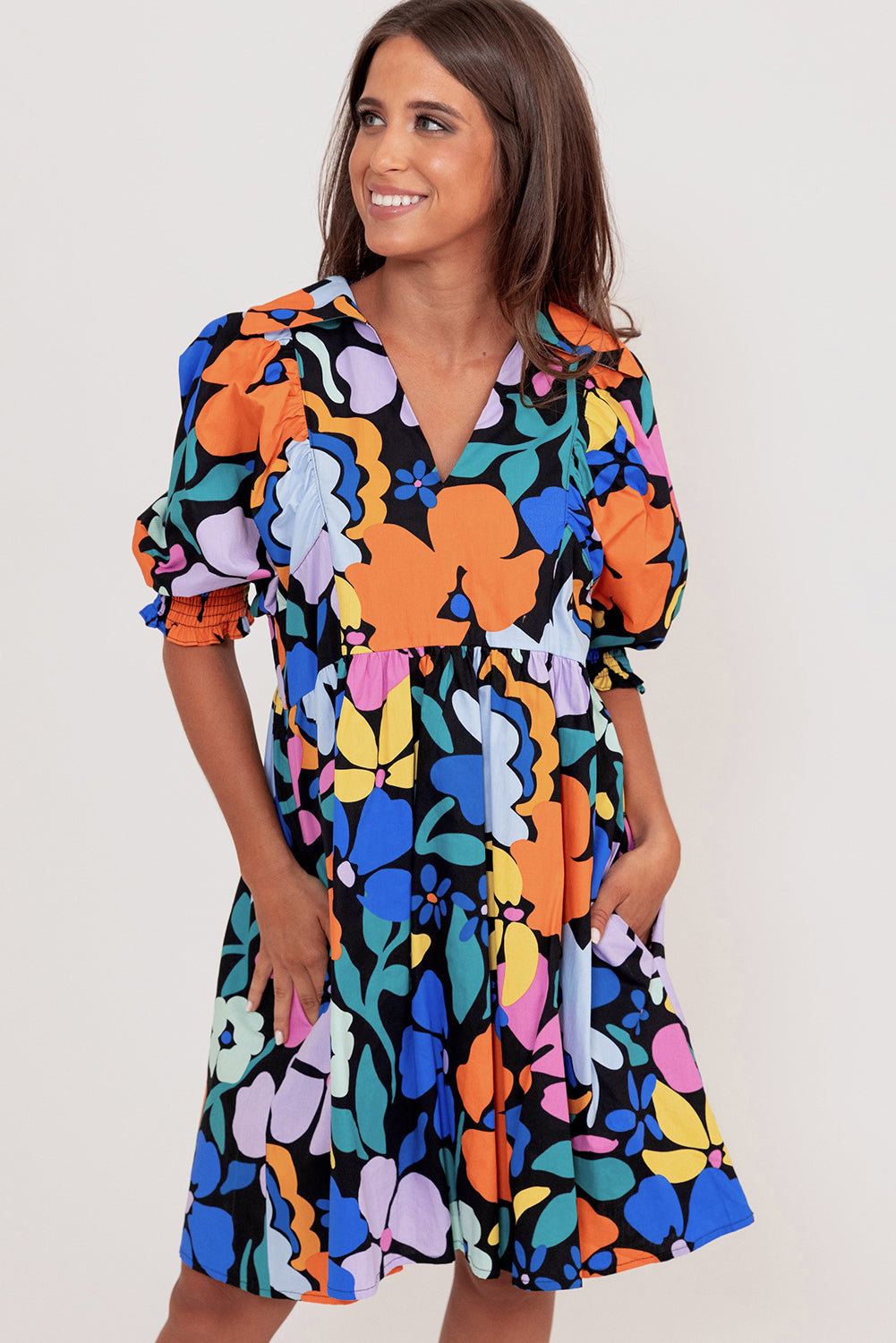 Blue Collared Split Neck Floral Flared Dress