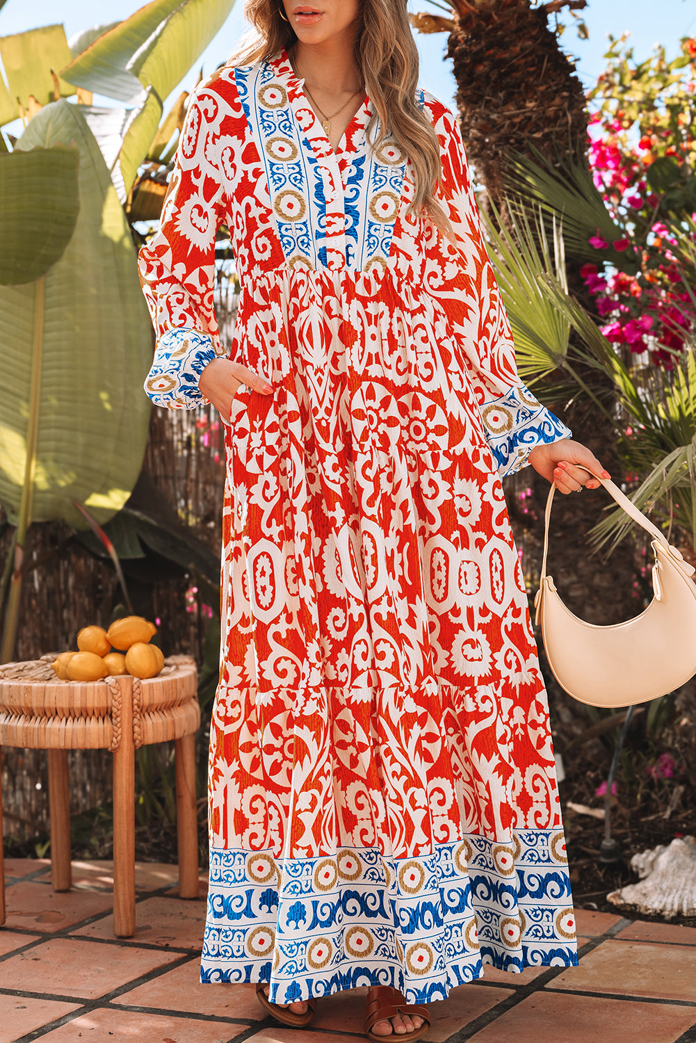 Orange Boho Geometric Printed Long Sleeve Maxi Dress