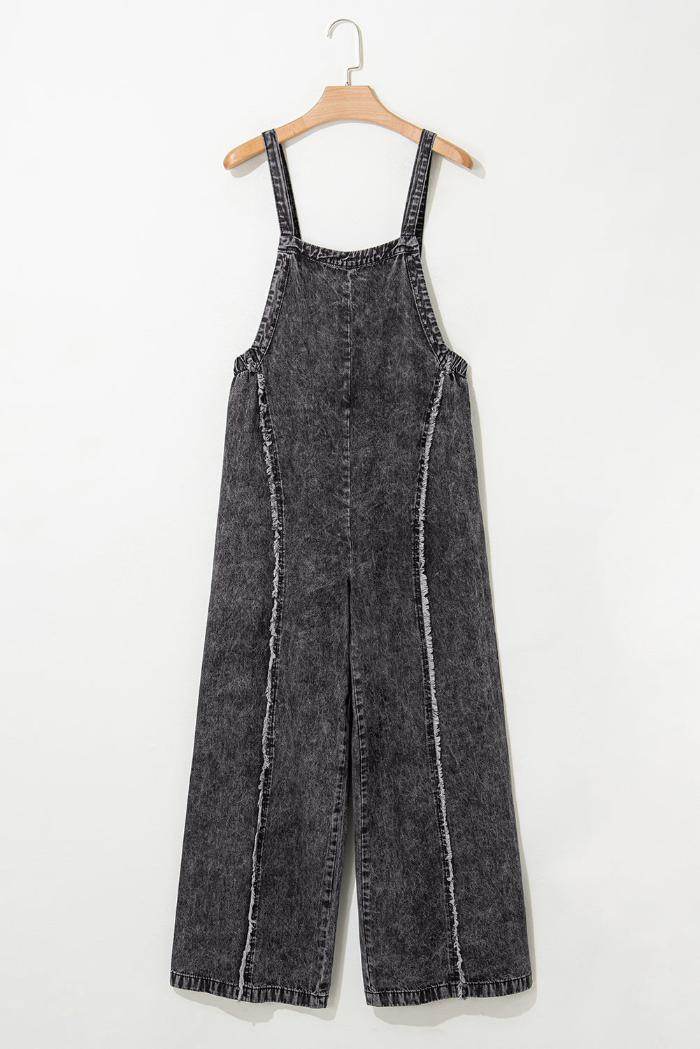 Dark Grey Light Wash Frayed Exposed Seam Wide Leg Denim Overall