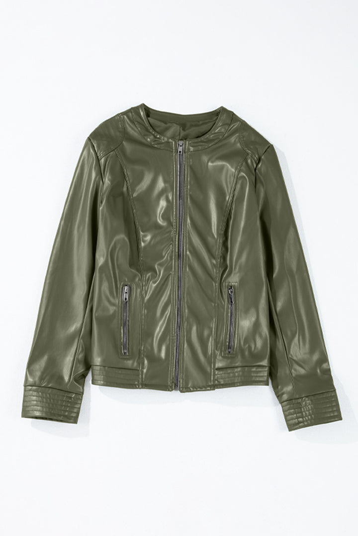 Sage Green Solid Faux Leather Zipper Slim Fit Bomber Jacket