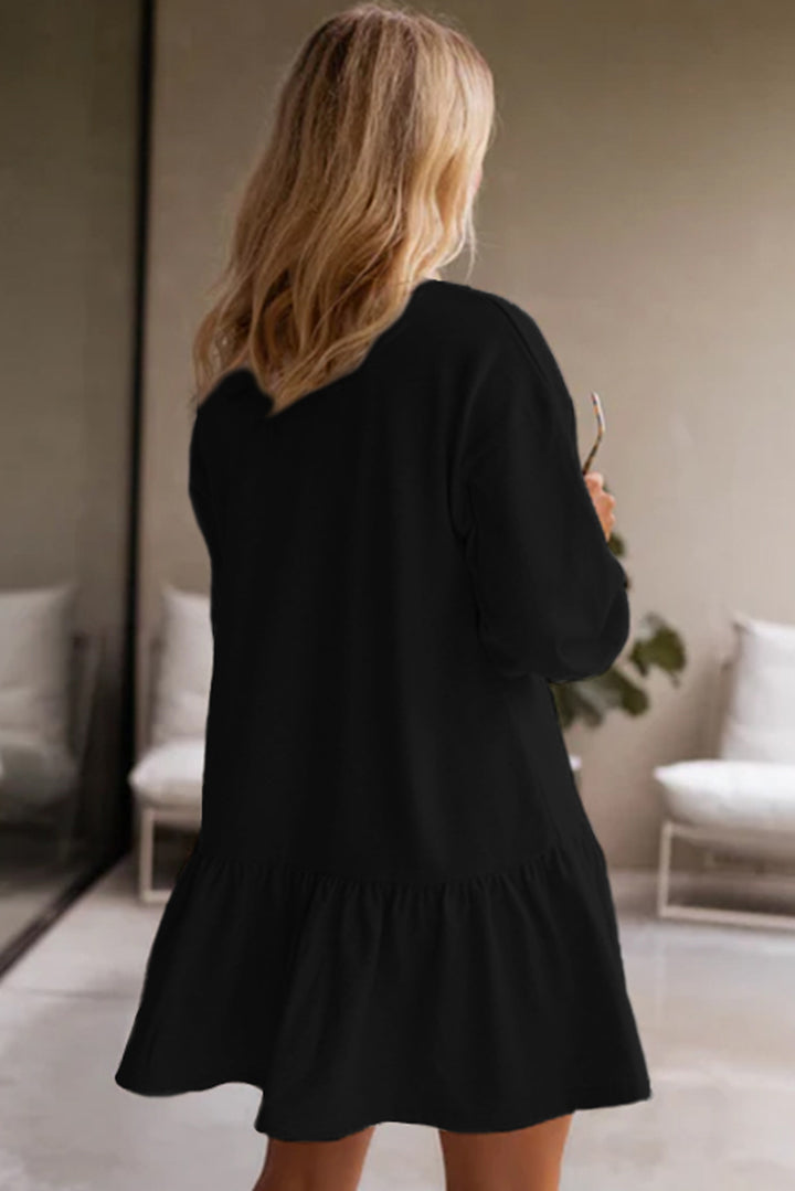 Black Solid Color Puff Sleeve Ruffle Hem Mini Dress