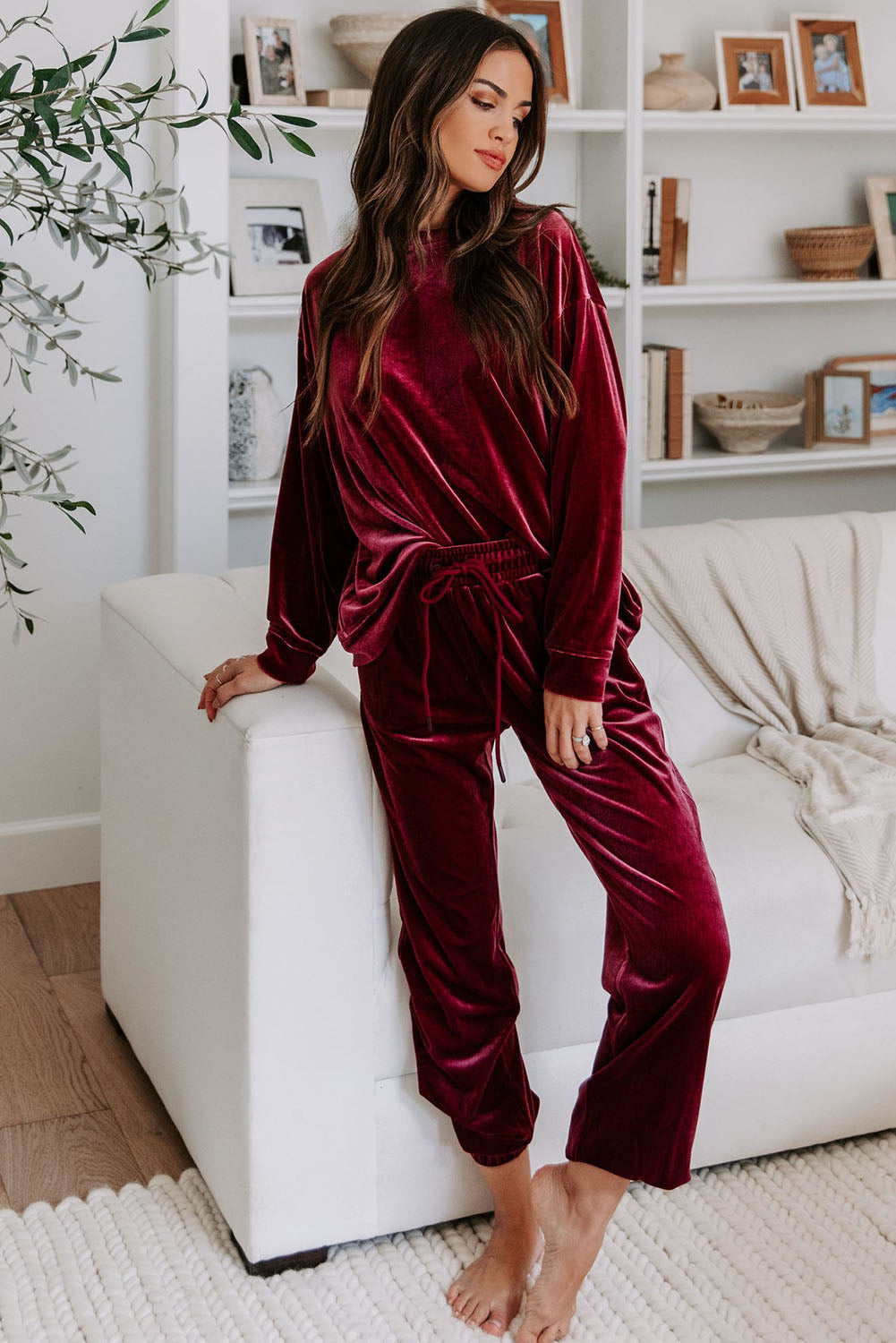 Fiery Red Solid Velvet Two Piece Lounge Set