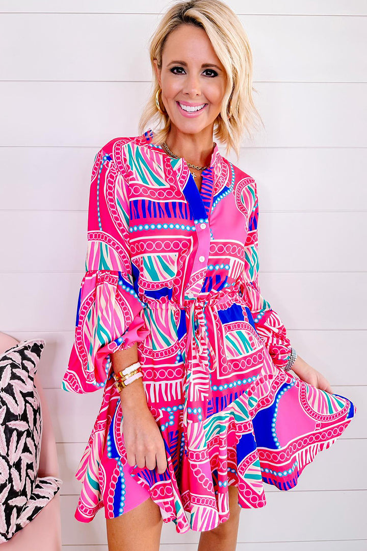 Rose Boho Abstract Printed Puff Sleeve Drawstring Waist Ruffled Mini Dress